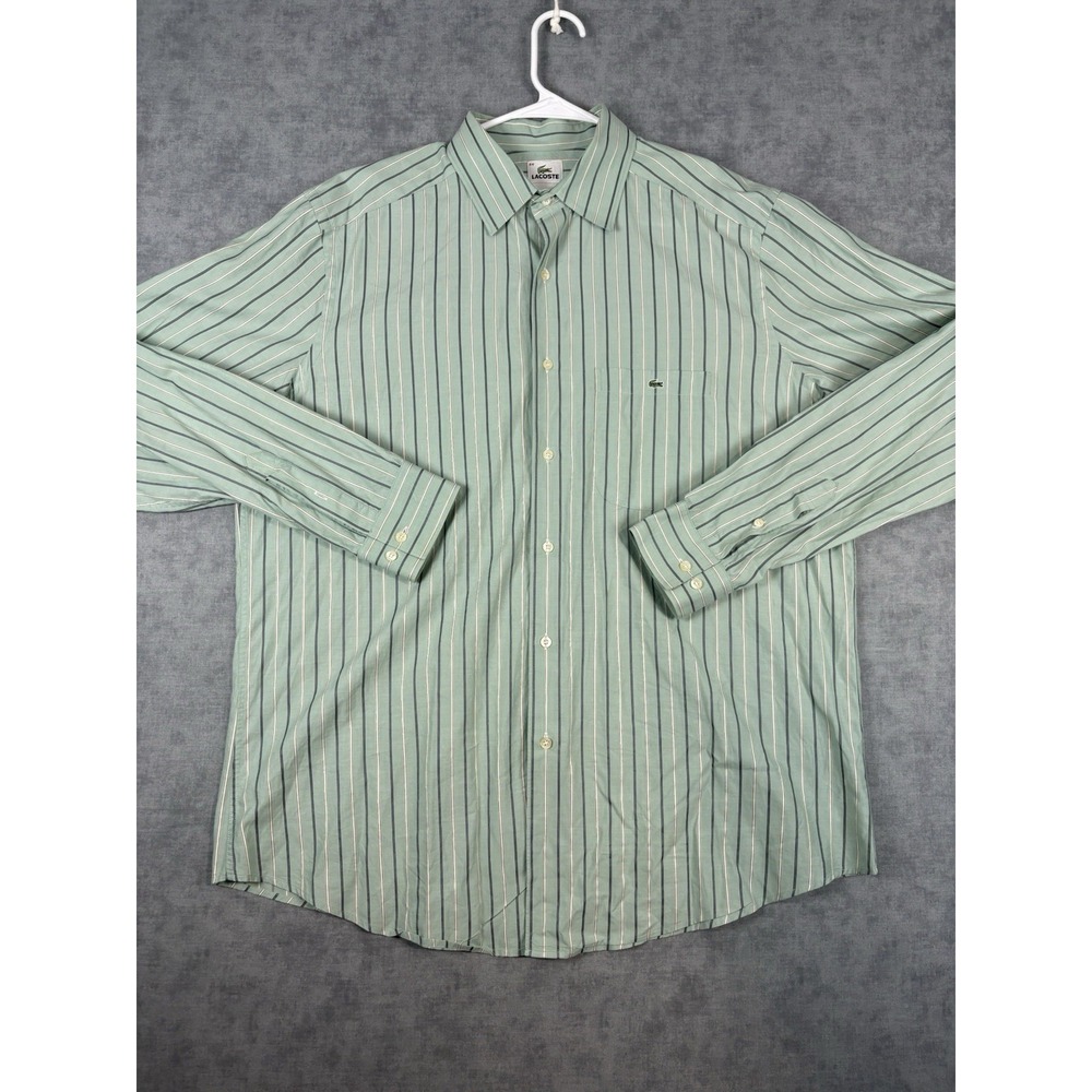 Lacoste Mens 44 Large Green Stripe Button Up Shirt 100% Cotton Peru France